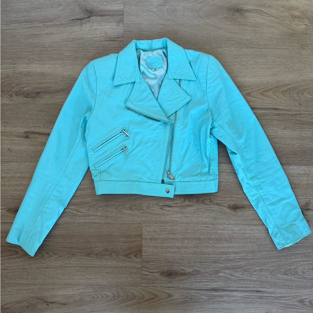 OMK Brazil Aqua Blue Genuine Leather Contemporary Moto Jacket Size Small